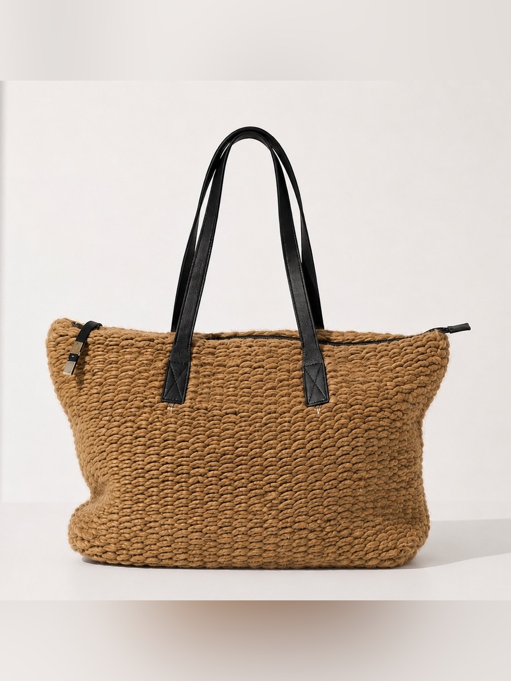 Stefanel Camel Knit Tote with Black Leather Handles